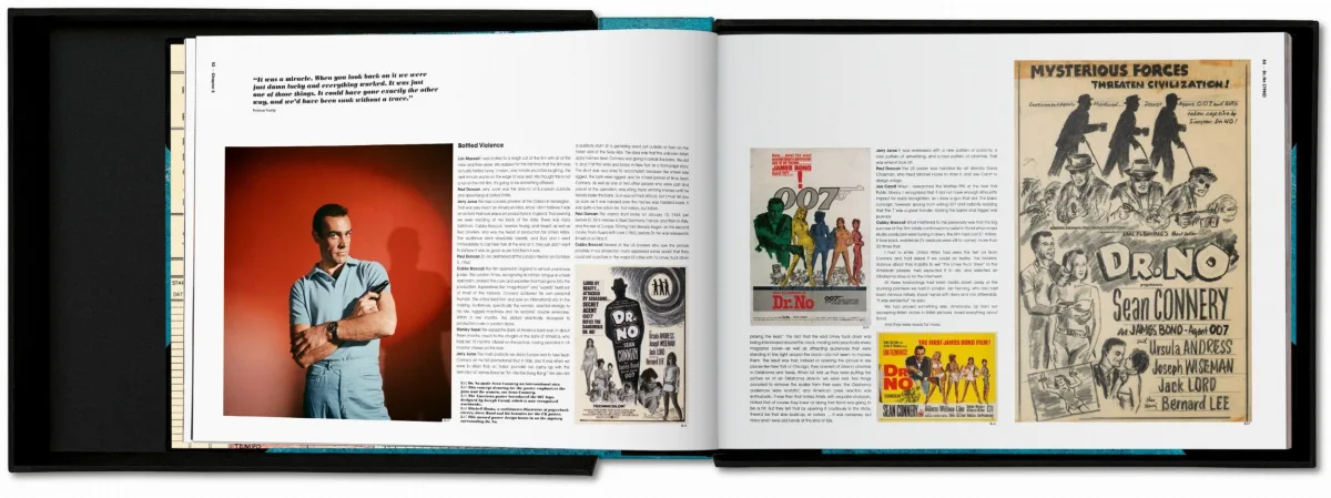 The James Bond Archives open on a vivid Dr. No spread of Sean Connery and original campaign art.